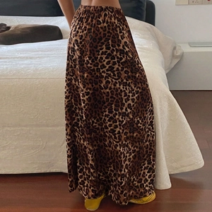 Women's leopard print maxi skirt with high elastic waist and fluid drape silhouette