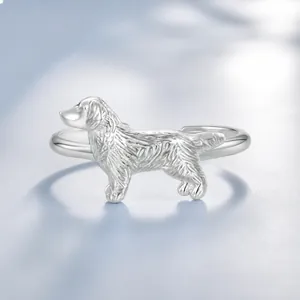 925 Sterling Silver Cute Golden Retriever Dog Adjustable Open Ring For Women Personalized Animal Shaped Fashion Jewelry Finger Ring Gift