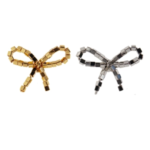 Handcrafted bow earrings with metallic cube beads in gold and silver finish