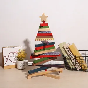 Rotating wooden Christmas tree building block ornament with star topper for holiday decor