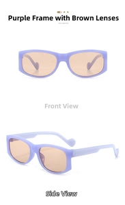 Front and side view of trendy purple polygonal sunglasses with amber tinted lenses
