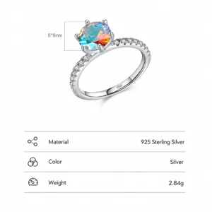 Bague en argent sterling S925 avec zircon coloré rond et diamants sur les côtés
