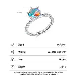 Anello in argento sterling S925 con zircone colorato rotondo e diamanti laterali