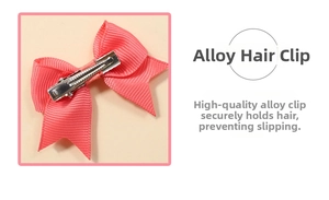 Detail of pink grosgrain ribbon bow and secure silver alloy hair clip for girls