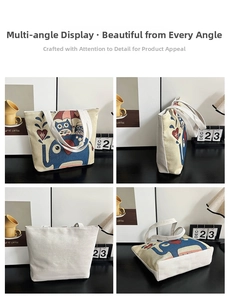 Detail shots of ethnic canvas tote bag showing side width and cute cartoon animal prints