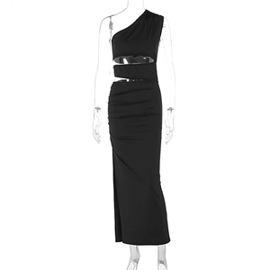 Detail view of the side cutout and pleated texture on this black one-shoulder dress