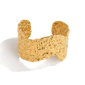 Minimalist 18K gold plated stainless steel open cuff bracelet with irregular lava texture