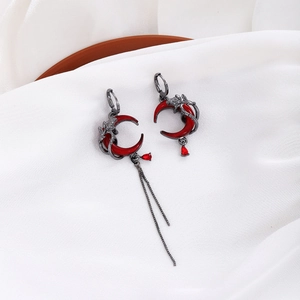 Gothic dark red crescent asymmetric tassel earrings with dragon metal wrap in gun black finish