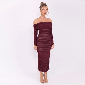Detailed view of the off-shoulder mesh ruching on this wine red long sleeve bodycon dress