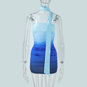 Detail of blue gradient bodycon mini dress with ruched texture and matching neck tie