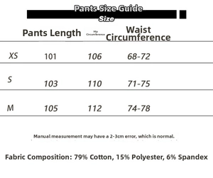 Size guide for wide leg pants featuring XS to M measurements and cotton blend fabric details