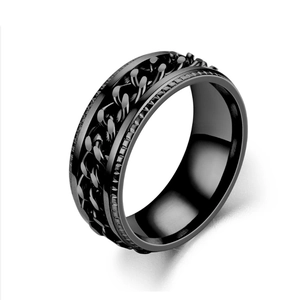 Detailed close-up of a black rotatable titanium steel chain ring for men
