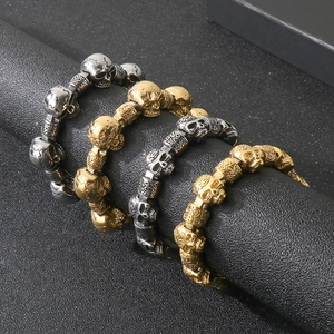 Men Stainless Steel Skull Chain Bracelet Punk Gothic Retro Carved Beads Hip Hop Motorcyclist Hand Jewelry