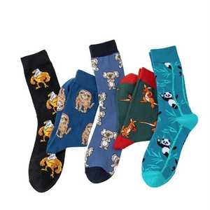 Five pairs of cotton socks featuring animal patterns like eagle sloth koala and panda
