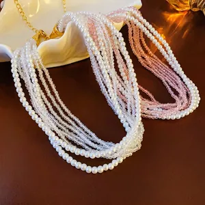Multi-layer Beaded Necklace With Imitation Artificial Pearls And Faceted Crystals For Women Bohemian Vintage Luxury Style Elegant Jewelry