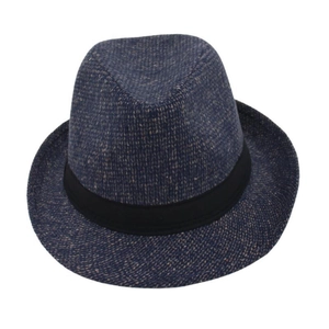 Detailed view of the woven navy blue fedora hat with a classic black ribbon band