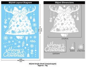 Detailed size guide for Christmas window stickers featuring reindeer and bell patterns