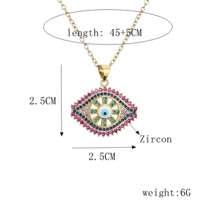 Detailed size map of gold evil eye necklace with colorful zircon inlay and dimensions