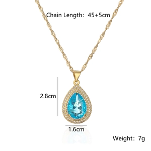 Gold pendant necklace with blue pear-shaped zircon and detailed size measurements