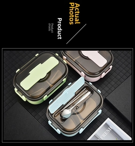 Detail of 304 stainless steel lunch boxes with built-in cutlery storage and utensils