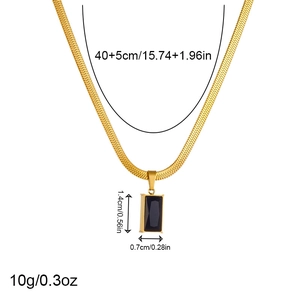 Gold stainless steel necklace with black square pendant including size and weight details