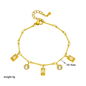 Minimalist gold titanium chain bracelet with square and round zircon charms 16+4cm