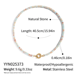 Detail view of colorful natural stone beaded necklace with stainless steel clasp size specs