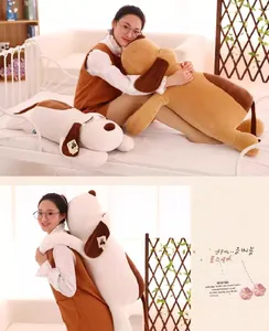 Lying plush dog pillow set in brown and white, soft toy for sleeping or car decoration