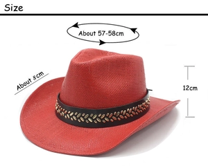 Size detail of red woven cowboy sun hat with studded leather band and dimensions