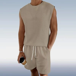 Men's khaki sleeveless checkered set with waffle texture top and matching shorts