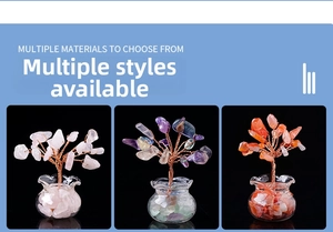 Macro view of crystal money tree variants with amethyst and rose quartz in glass vases
