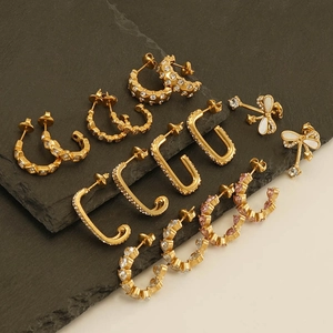 Luxury 18K gold plated stainless steel geometric earrings set with sparkling zircons