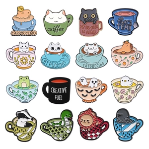 Cartoon Animal Teacup Enamel Brooch Cute Cat Capybara Ghost Coffee Cup Alloy Lapel Pin Creative Badge Jewelry Accessory