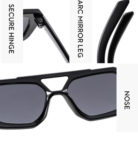 Detail view of double bridge aviator sunglasses showing secure hinge and arc mirror leg