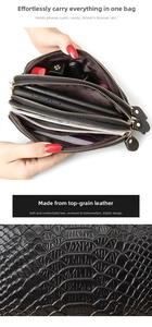 Detail of genuine leather clutch with crocodile pattern and triple zipper compartments