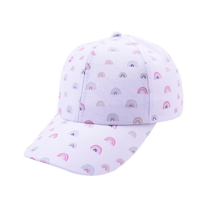 Kids lavender baseball cap with colorful rainbow print pattern and curved brim for girls