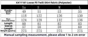 Tableau des tailles pour chemise en popeline pour femmes avec mesures de XS à L en cm