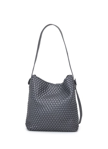 Detailed view of dark grey woven PU leather tote bag with elegant braided texture pattern