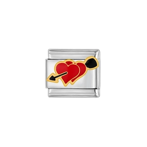 Detail of stainless steel modular link with red enamel hearts and arrow design