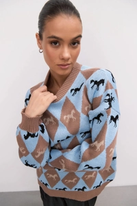 Detailed view of the vintage horse pattern and blue argyle knit texture on the sweater