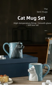 Ceramic cat mug set in blue gift box with matte finish and 3D kitten lid detail