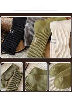 Close-up of thick ribbed cotton crew socks with slogan print and reinforced stitching