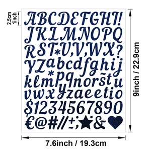 Blue glitter 1-inch alphabet and number stickers with size measurements on white background