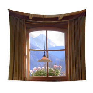 Detail view of woven fabric tapestry featuring a cozy window view with mountains and flowers