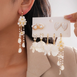 Floral Tassel Earrings Alloy Imitation Artificial Pearl Shell Petal Elegant Vintage Women Jewelry With Silver Earring Post