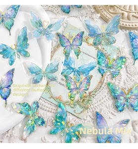 Detail shot of 10 holographic butterfly PET stickers with golden outlines for DIY crafts