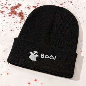 Detailed view of black knitted beanie featuring white Ghost and BOO embroidery detail