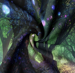 Detail of soft fabric folds showing magical forest print with glowing purple orbs
