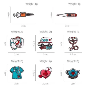 Set of 8 cartoon medical enamel pins featuring ambulance and stethoscope icons with dimensions