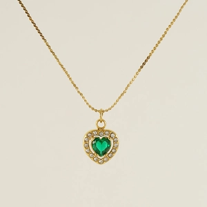 Elegant gold heart pendant necklace with green zircon and sparkling stones on thin chain